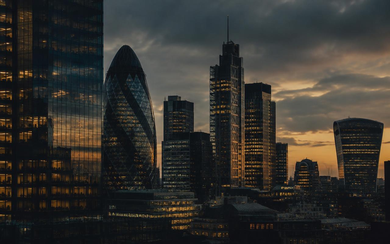 Financial district skyline at dusk with lit office towers, including the Gherkin, in the City of London